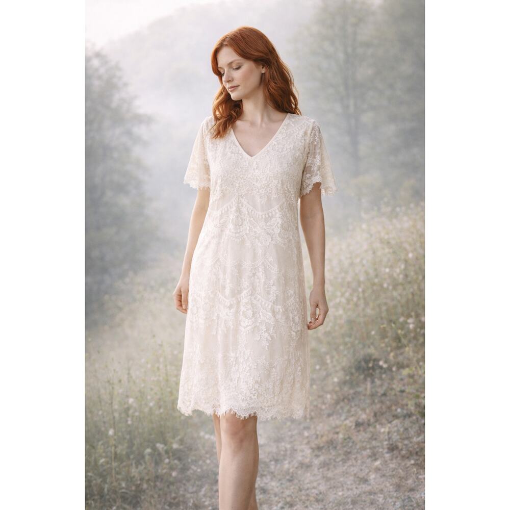 Sundance Ivory Lace Dress XL Boho Romantic Short Sleeve Fringe Hem